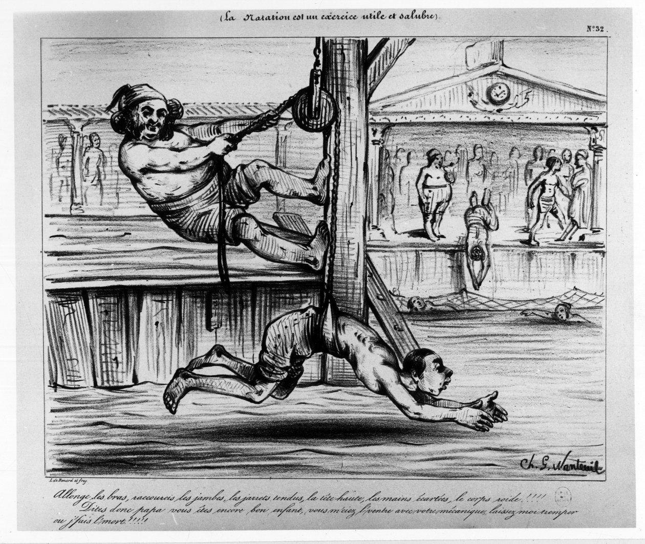Swimming is a Useful and Healthy Exercise: A Humorous Exercise on the Learning of Swimming - Musee Carnavalet, sd, about 1850 by Unknown artist