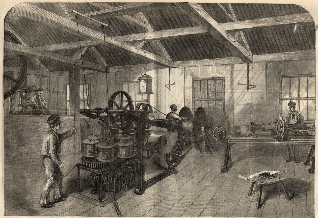 Telegraphy: manufacture of transatlantic cable in Glass, Elliot and Company plant in East Greenwich, England. Engraving in 