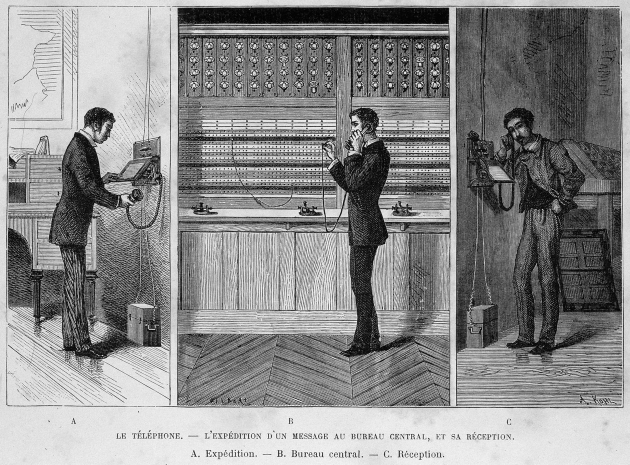 Telephone - Sending a Message to the Central Office, and Receiving It (engraving) by Unknown artist