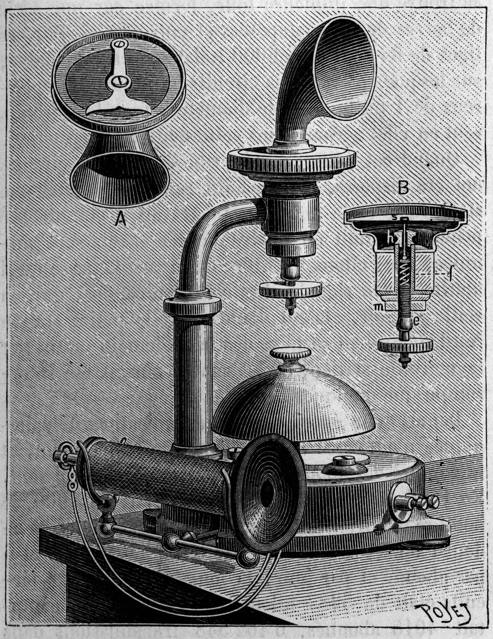 Telephony in Sweden: model of a telephone of the Ericsson Company. Engraving in La Nature: revue des sciences et de leurs applications aux arts et a l