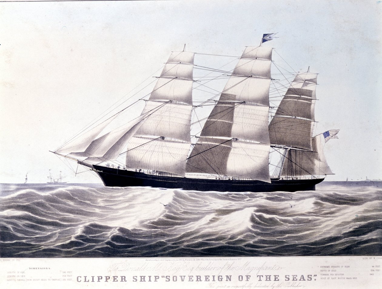 The American clipper Sovereign of the Sea around 1852. 19th century lithograph by Unknown artist