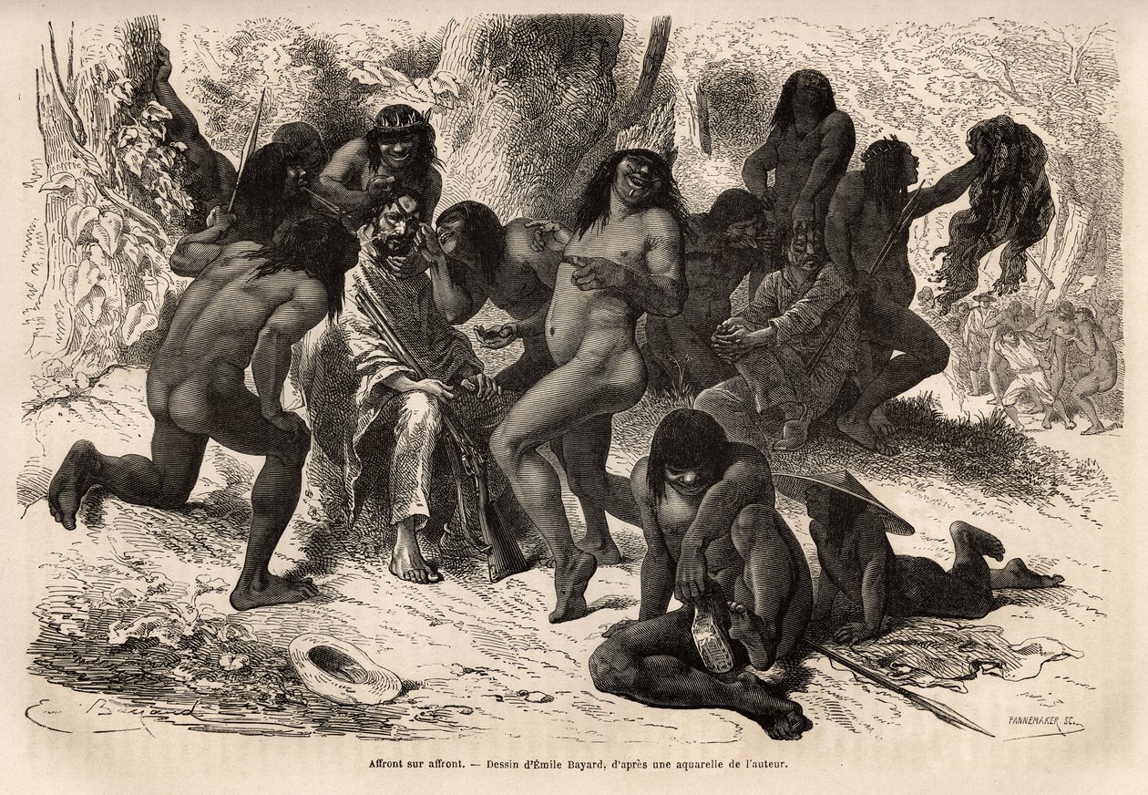 The Chunchos Indians assaulted the team of Marcoy in the Caravaya valley (Andes cordillera), but the latter had nothing to flee, the Indians had fun undressing the explorers and making them up with rockoo seeds. Engraving illustrating the journey by Unknown artist