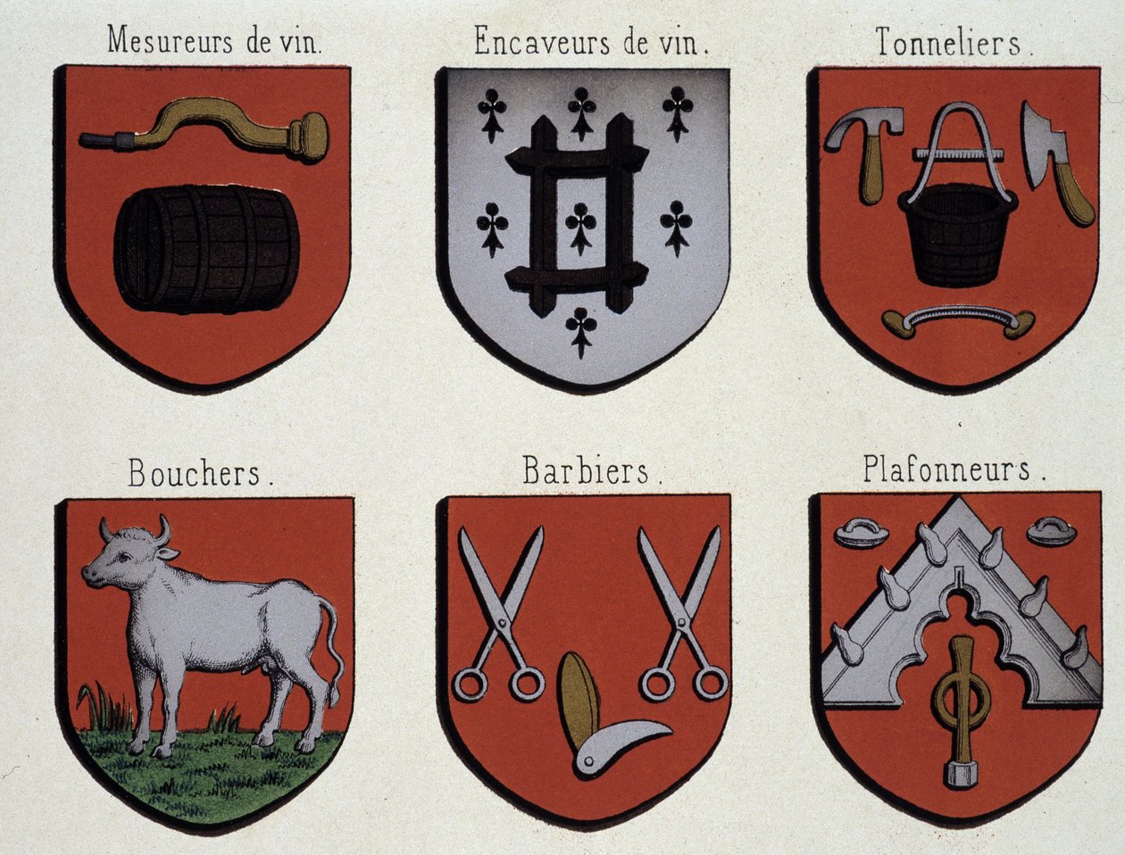 The Coats of Arms of Ghent (Specimen of Coats of Arms of the Middle Ages): Wine Measers, Wine Cavers, Cooperers, Butchers, Barbers, Ceilers by Unknown artist