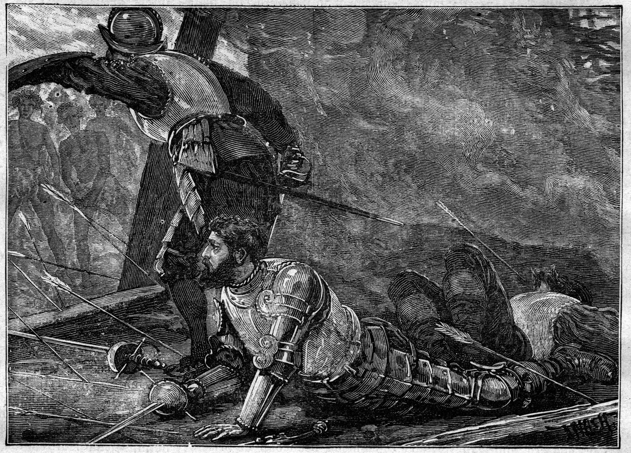 The Death of Juan of La Cosa - Death of Juan de la Cosa (1460-1510), cartographer, conquistador and Spanish explorer in Cartagena, Colombia - engraving of 1887 by Unknown artist