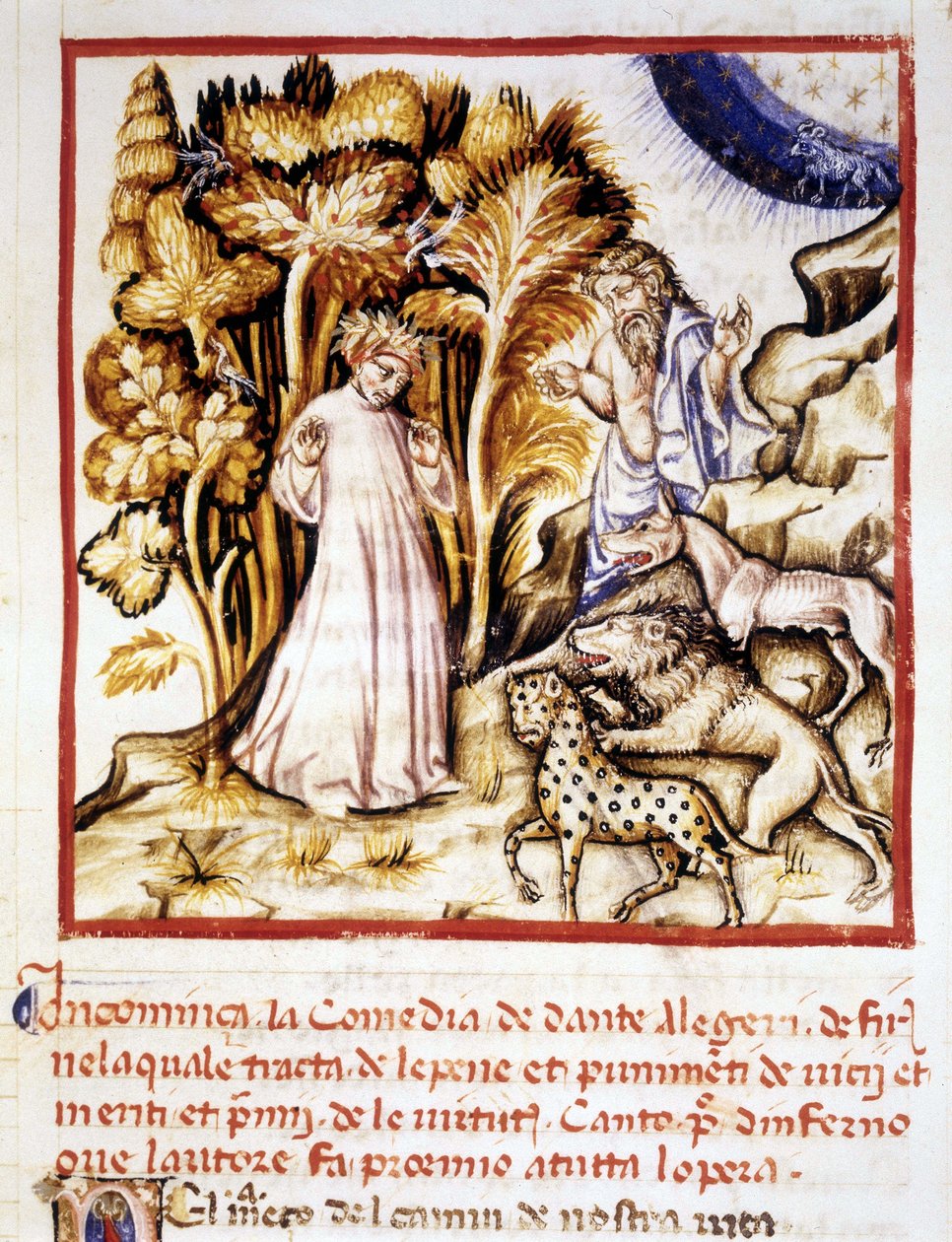 The Divine Comedy of Dante Alighieri. Miniature Depicting Dante, Virgil and the Three Beasts. 14th century manuscript, Municipal Bibl. of Rimini by Unknown artist