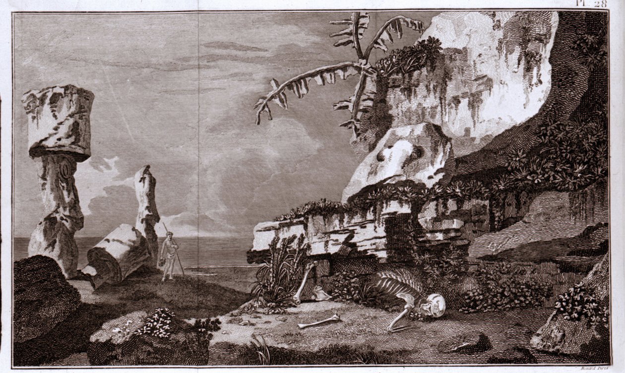 The Easter Island (Rapa Nui) in Polynesia after the “Viaggi del Capitano Cook” (19th century engraving) by Unknown artist
