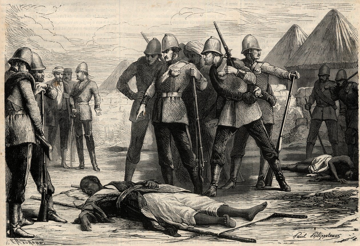 The Emperor of Ethiopia Theodoros II died on 13 April 1868 after the capture of Magdala by the English, where the negus had retreated. Engraving in 