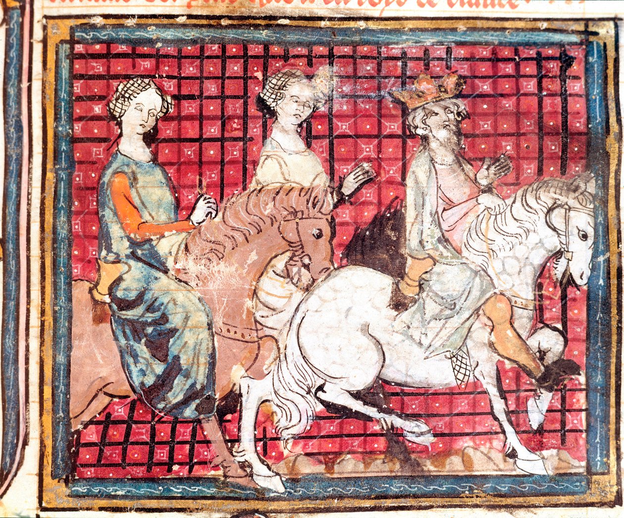 The King of the Franks Chilperic I and Fredegonde on a horse. Miniature from 