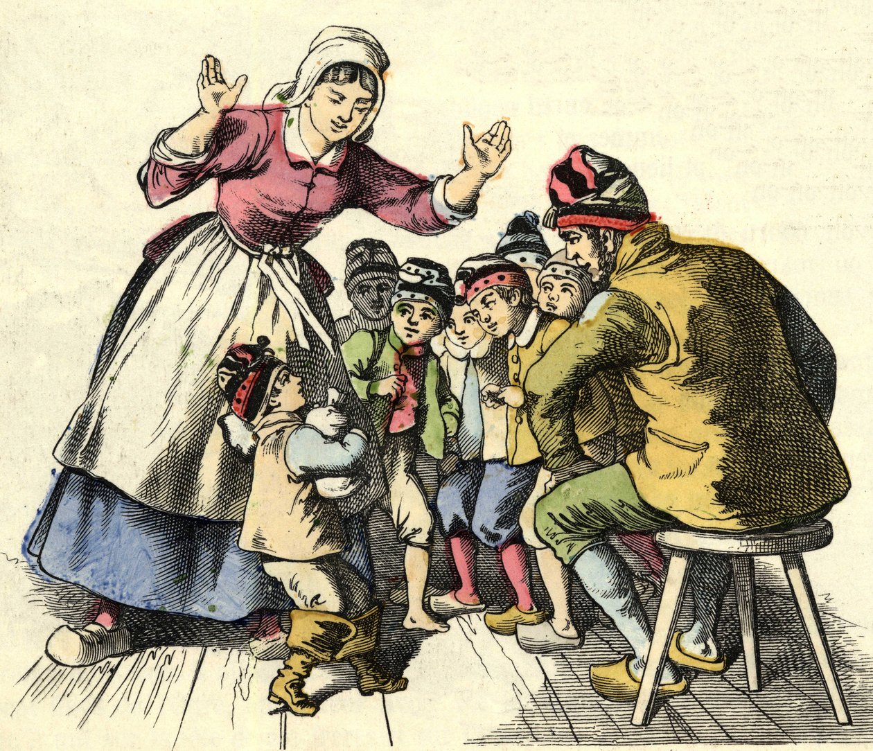 The Little Poulet and his brothers go home to his parents. Illustration of the tale 