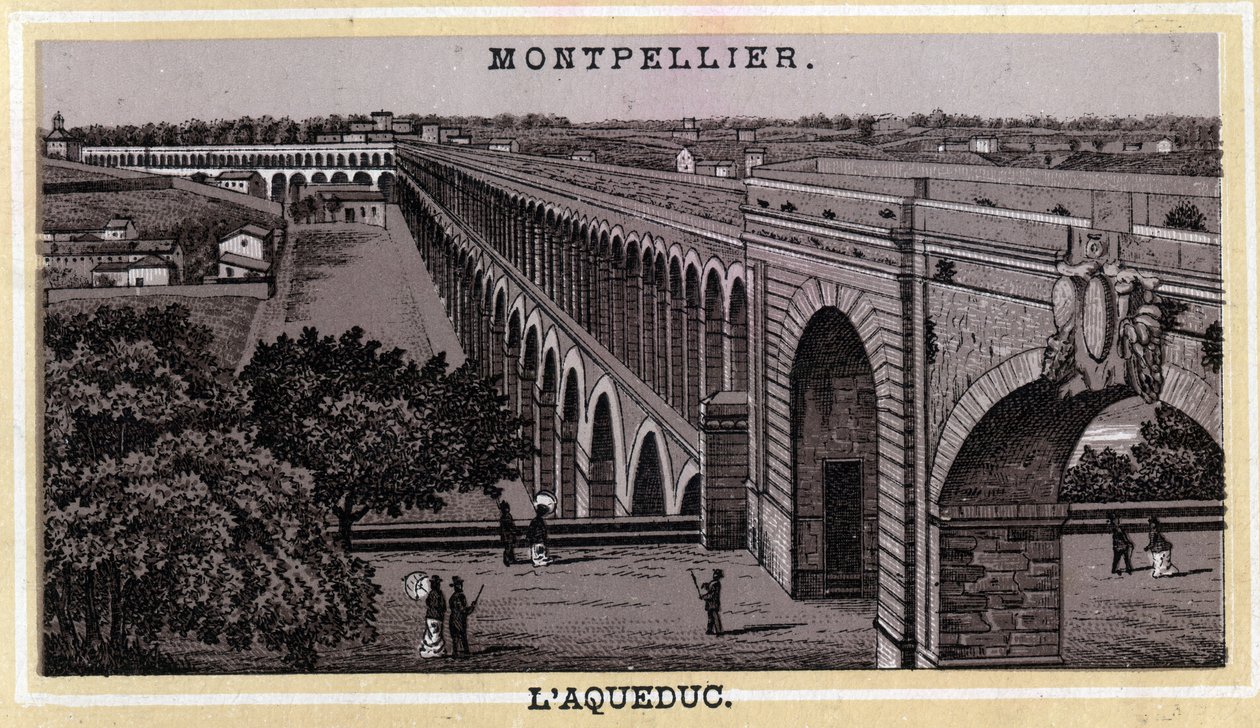The Montpellier Aqueduct (Herault, Languedoc-Roussillon region). Chromolithography of the late 19th century by Unknown artist