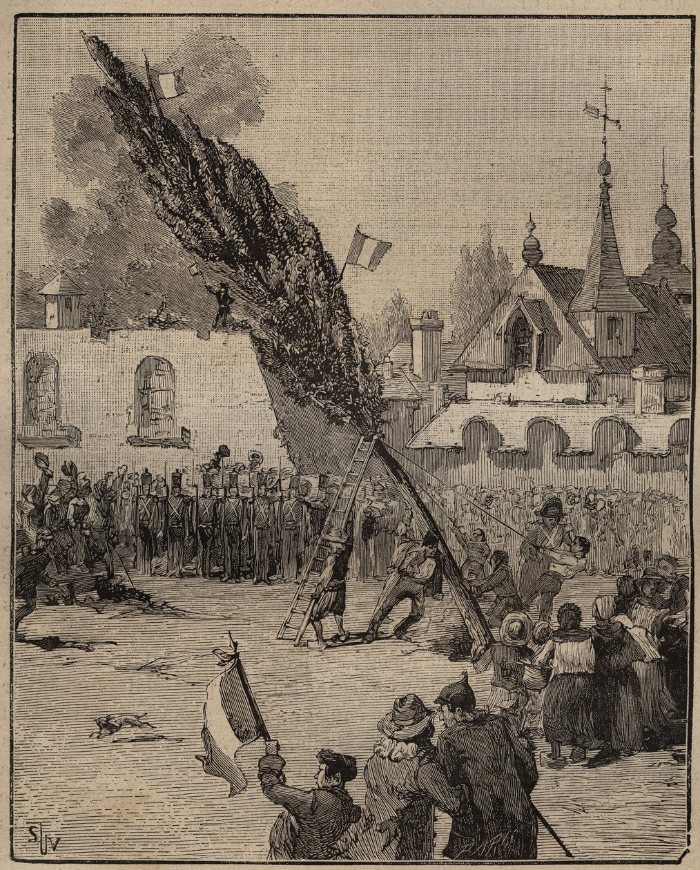 The Plantation of a Liberty Tree during the Revolution (Liberty pole) - Plantation of a Liberty Tree (poplar) in France. Engraving from 1885 in 