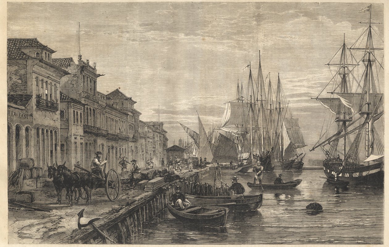 The Quay of Boa Vista, at San Pedro de Rio Grande do Sul, a Seaport of Brazil - Le quai de Belle-Vue, at San Pedro de Rio Grande (Brazil) - Captaincy of Sao Pedro do Rio Grande do Sul - Engraving from The Illustrous Universe 1866 by Unknown artist