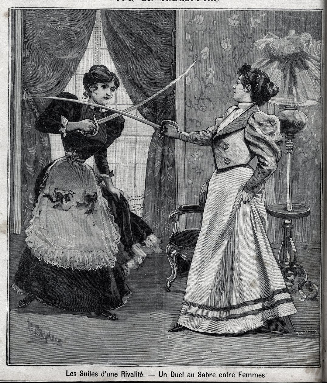 The aftermath of a rivalry: a sword duel between women. Engraving in Le Parisien by Unknown artist