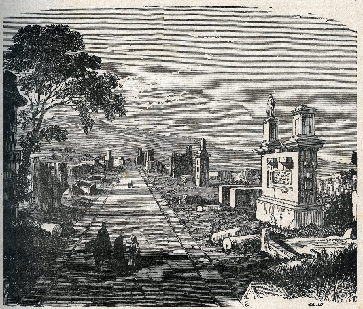 The ancient Appian route, via Appia crossing the Pontine Marshes (Agro Pontino) near Rome. Engraving of the 19th century. by Unknown artist