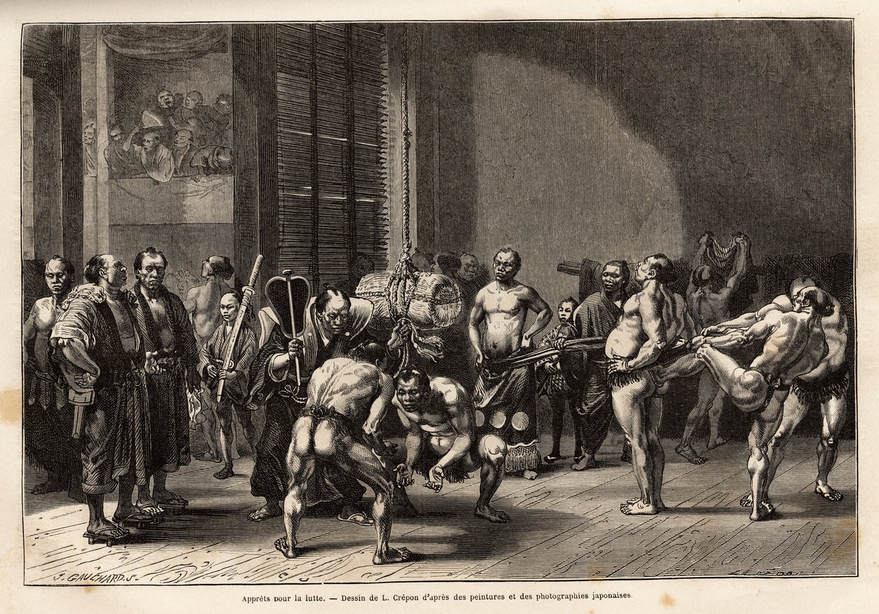 The preparations for sumo wrestling, the athletes warm up, stretch, get styled and concentrate before fighting. Engraving to illustrate the journey to Japan, by Aime Humbert, minister of the Swiss Confederation, in 1863-1864, published in 