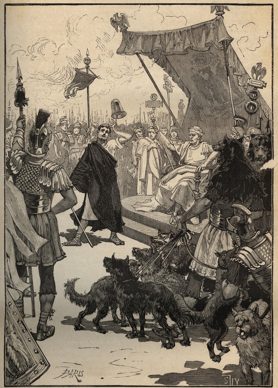 The art of glass: glass tempered in ancient Rome. A craftsman throws a glass vase against slabs and the object does not break to the surprise of spectators, including Emperor Tiberius. Engraving from 1885 in 