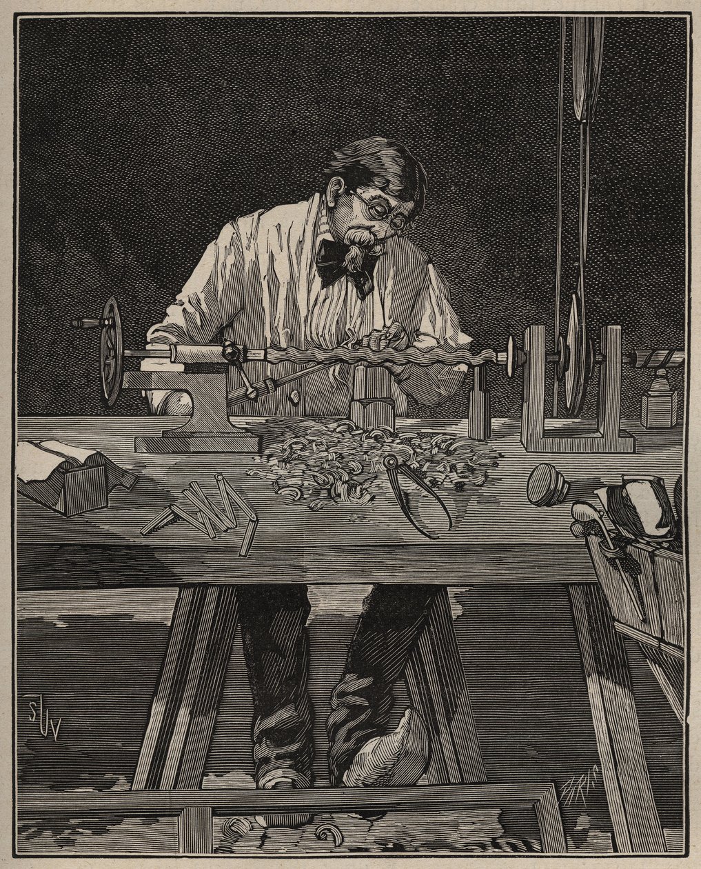The art of lathe: faconing of a torso column. Engraving from 1885 in 