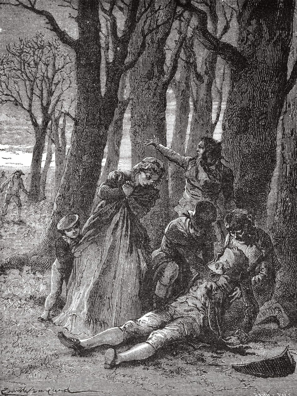 The body of Philippe Lebon, pierced with thirteen stabs at the Champs-Elysées, is raised on the morning of 3 Dec. 1804 - in Album de la Science; illustrious scientists; Grandes discoveries 1896 by Unknown artist