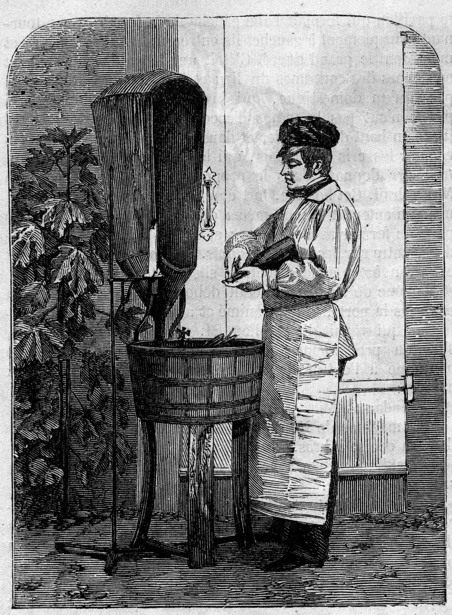 The bottling of Champagne wine. Engraving from 1864 by Unknown artist