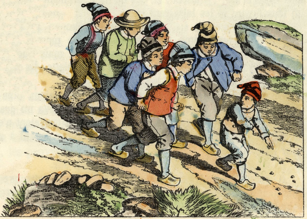 The brothers follow the Little Poulet who sowed white pebbles on the way. Illustration of the tale 