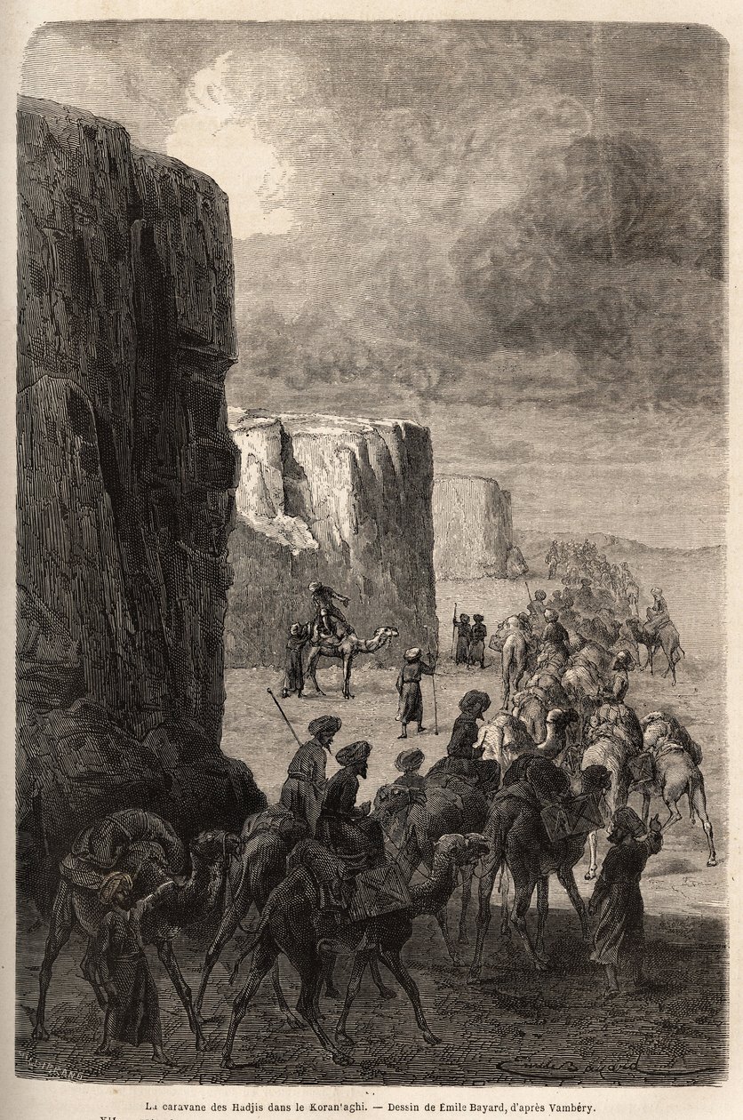 The caravan of the Hajis in Korantaghi, Persia. Drawing by Emile Bayard, to illustrate the journey to Central Asia, in 1863, by Arminius Vambery. Engraving in 