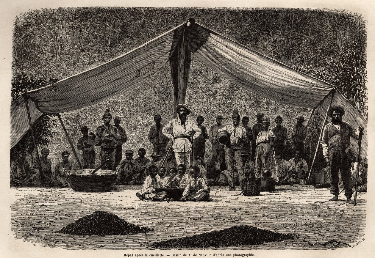 The Common Meal of the Workers After the Collection of Coffee Beans, Which Dry on the Ground in the Foreground; in the Center of the Image, the Owner of the Plantation. Engraving to Illustrate the Voyage to Brazil, Story by M. by Unknown artist