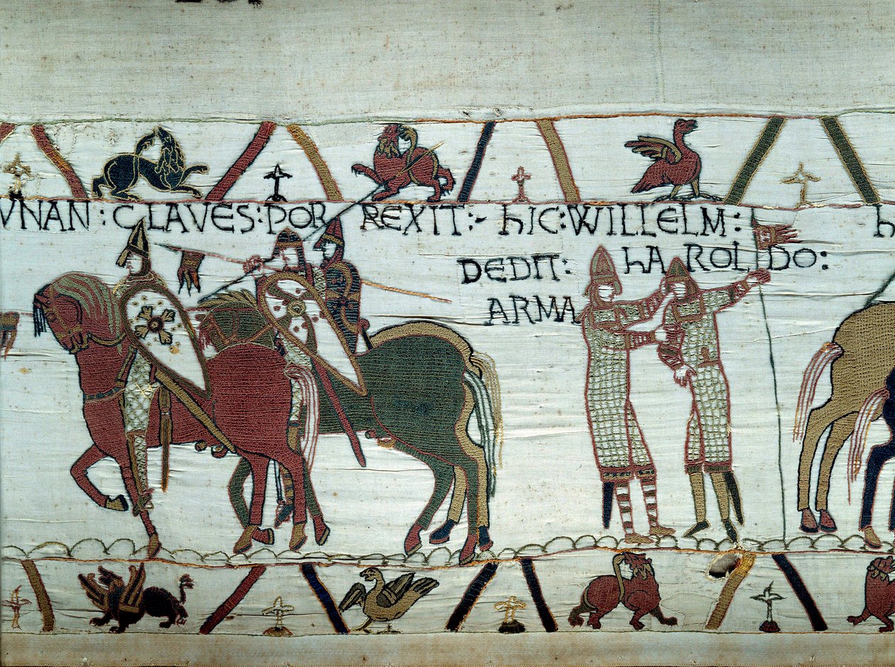 The conquest of Brittany by the Duke of Normandy William the Conqueror: on the left the duke receives the keys of the city of Dinan, on the right he makes a knight Harold, sent by the English king Edward the Confessor (detail of the tapestry) by Unknown artist