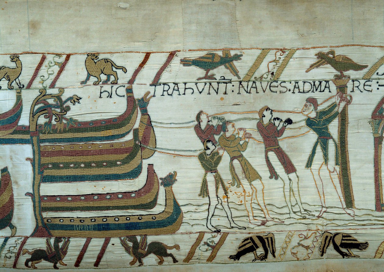 The conquest of England by the army of Duke of Normandy William the Conqueror (1027-1087): barely built ships are put to sea (detail) by Unknown artist