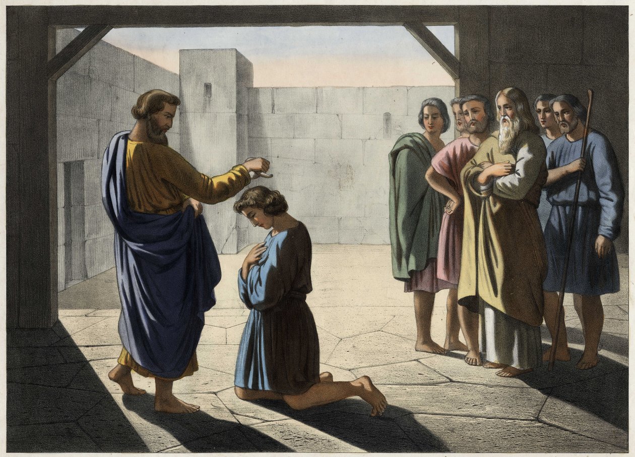 The coronation of David: Samuel designates David as king of Israel. Anonymous engraving of the 19th century by Unknown artist