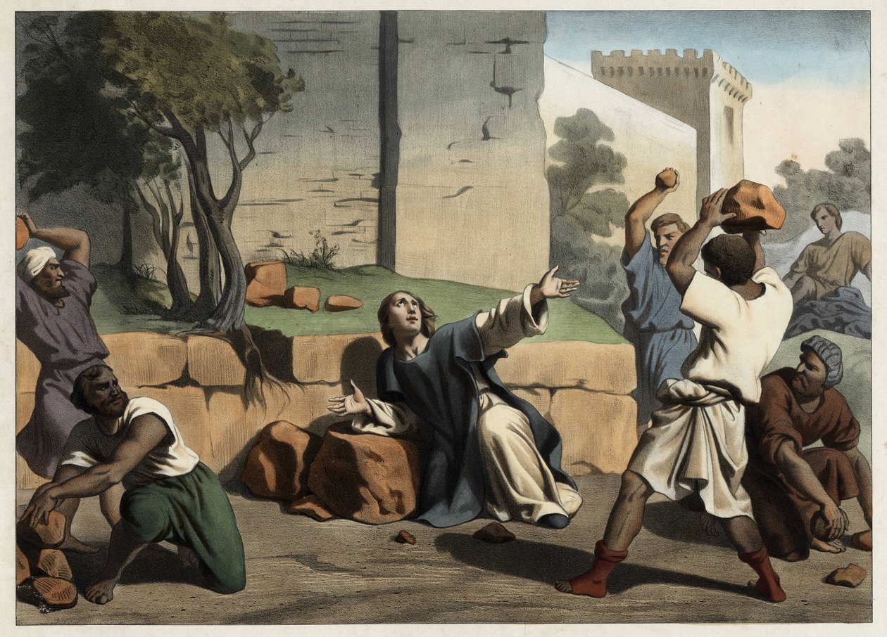 The death of Saint Stephen: Saint Stephen stoned by the Jews is considered the first Christian martyr (Anonymous engraving from the middle of the 19th century) by Unknown artist