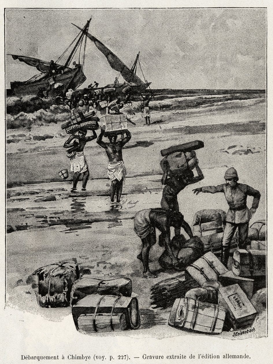 The debarkage at Chimbye of the Peters expedition. Engraving to illustrate the story Au secours d