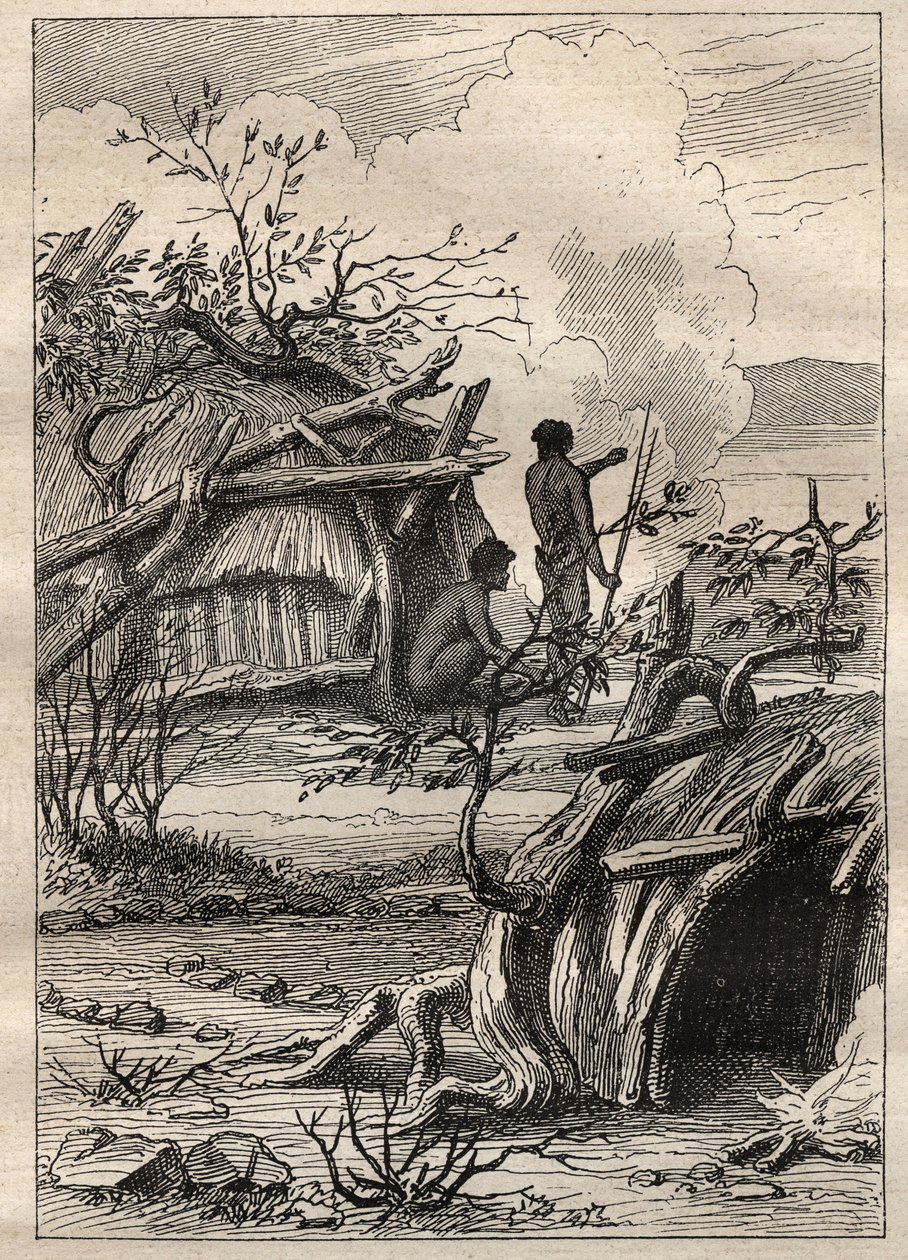 The expedition around the world by Captain Etienne Marchand: indigenous cabins of the land of Enddacht (Australia) - illustration taken from The Great Mariners of the 18th century by Unknown artist