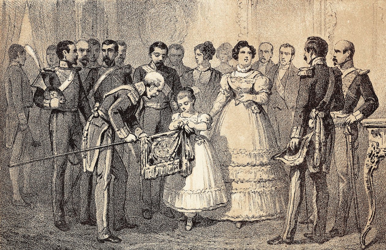 The future Queen of Spain Isabella II decorating the flag of the Spears of the Guard of the Order of Saint Ferdinand by Unknown artist