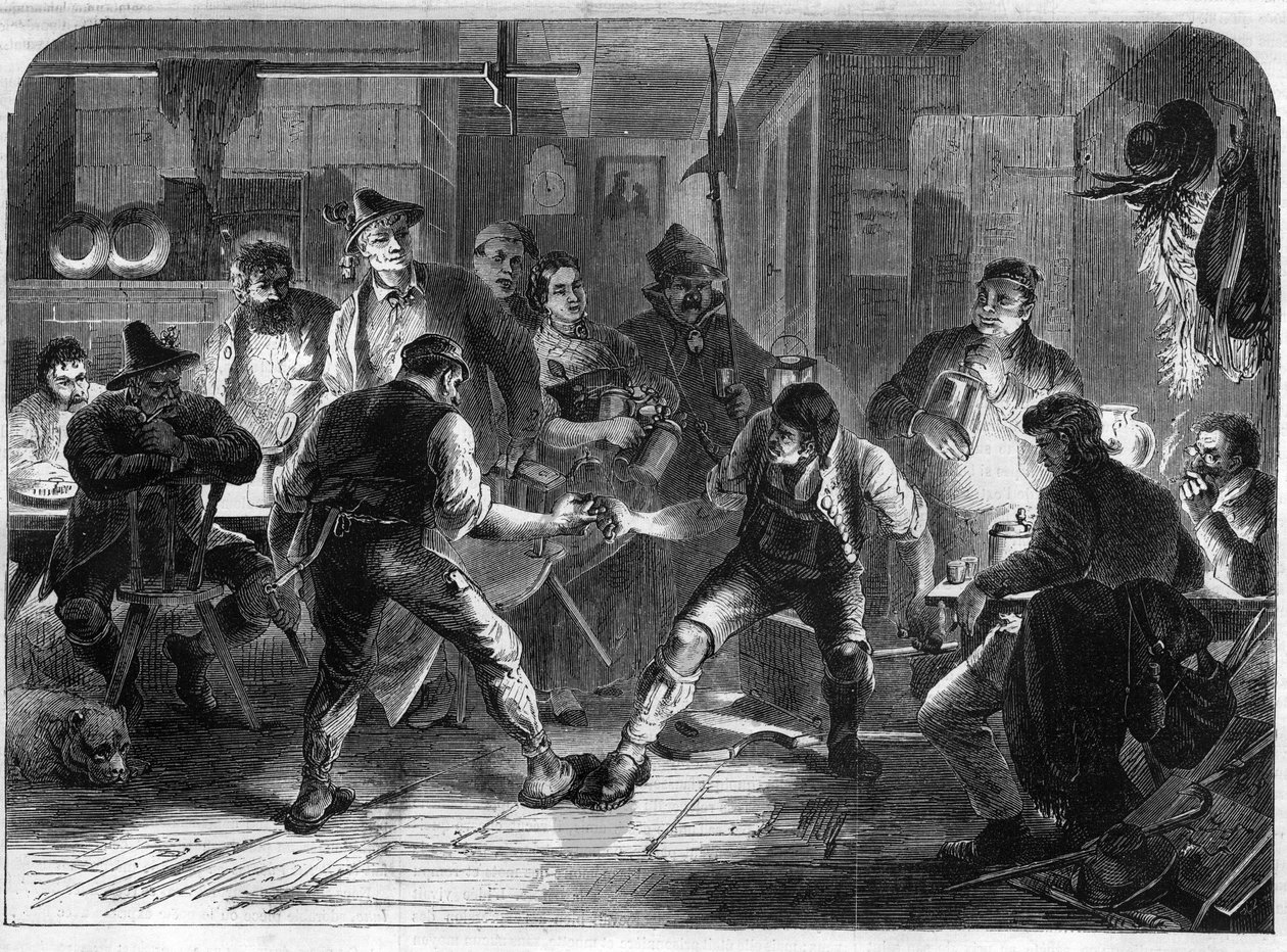 The game of Hakeln in a village of Upper Bavaria in Germany. Engraving in 