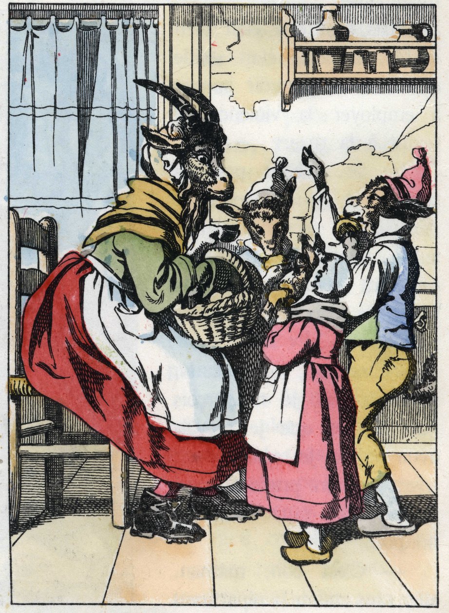 The goat is out of the market, listening to the history of the biquets. Illustration of the tale 