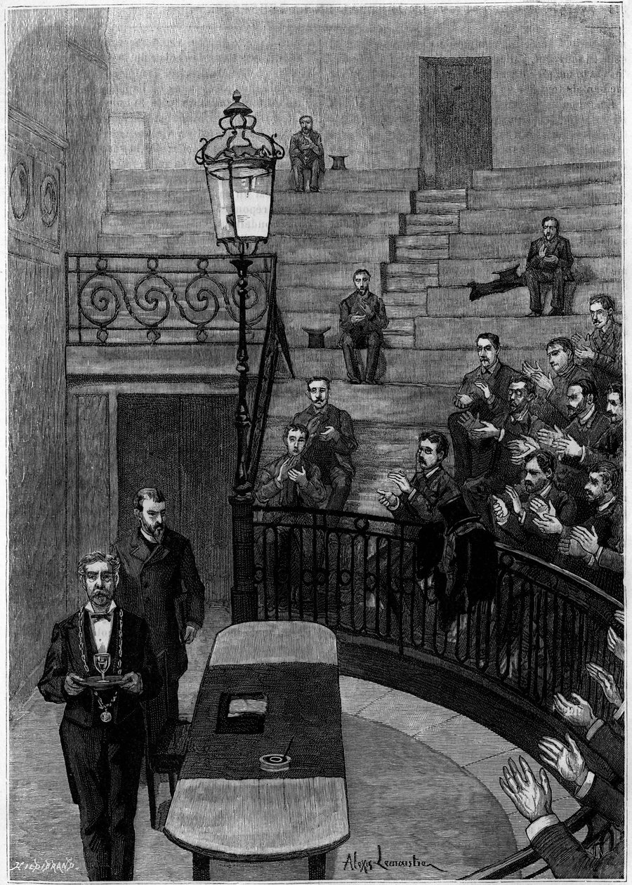 The grand amphitheater of the Faculty of Medicine of the Latin Quarter in Paris. Engraving in the journal 