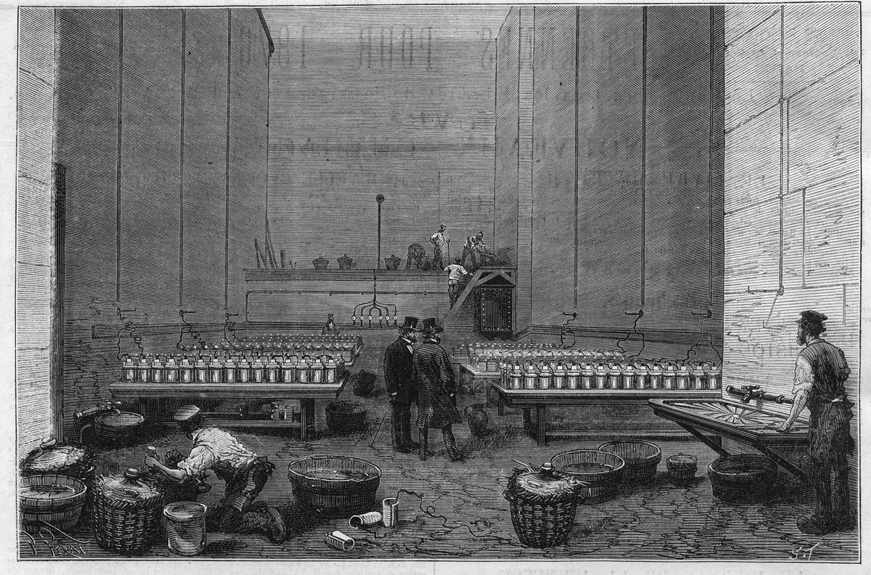 The large electricity room of the Opera Garnier where two hundred Bunsen batteries allow to project the rays of the electric sun by Unknown artist