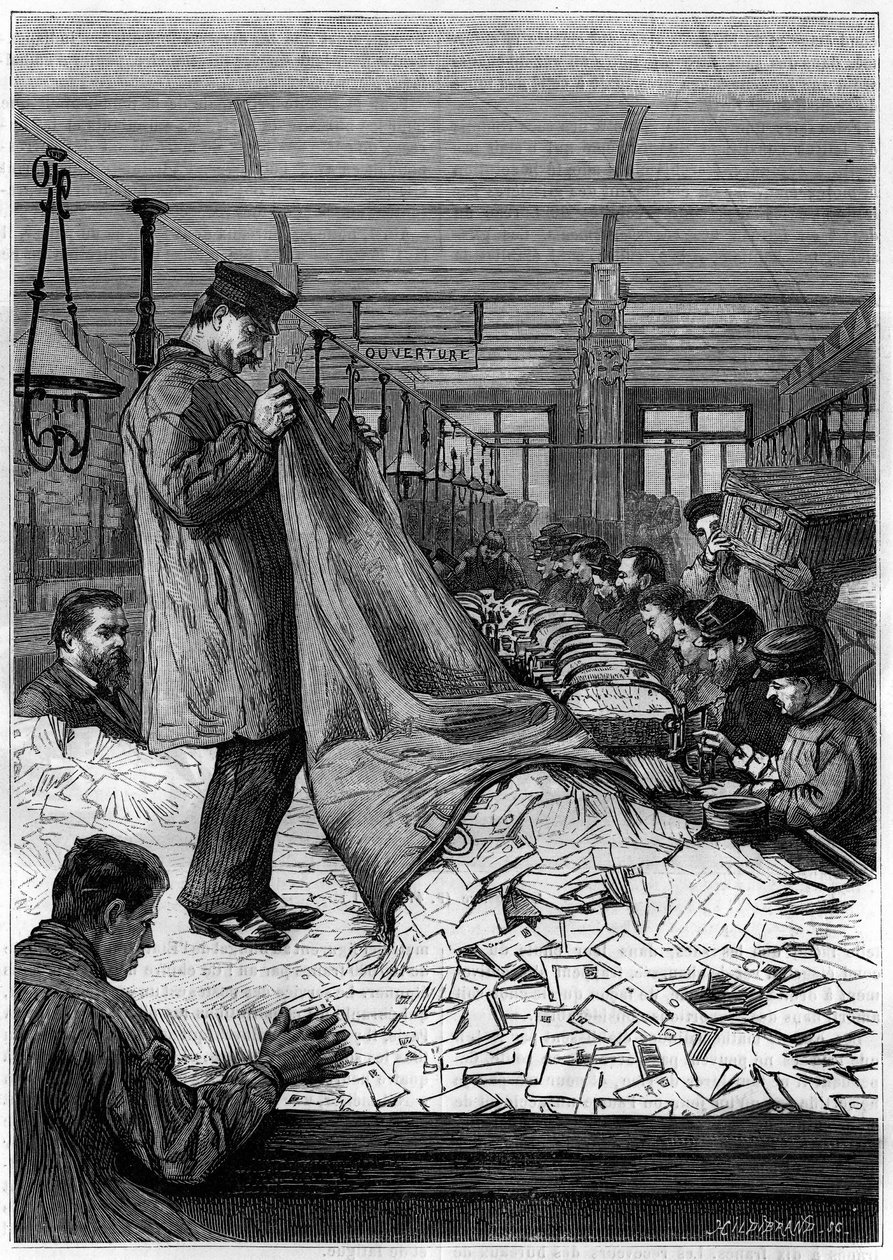 The large tables of letters in the sorting centers of the Hotel des Postes on the Rue du Louvre in Paris. Engraving in the journal 