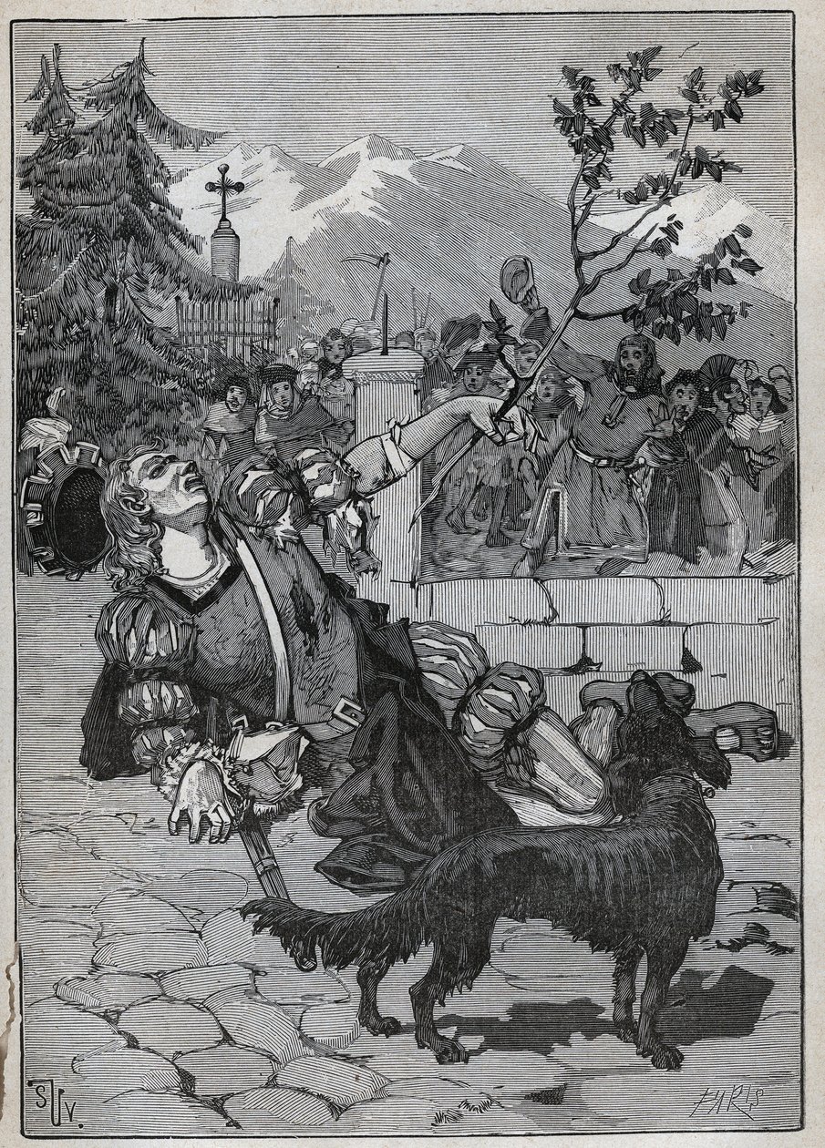 The lime tree of Fribourg: a soldier of the Helvetic Confederation came to Fribourg to announce the victory of Switzerland against Charles the Bold in the Battle of Morat on 22 June 1476 with a branch of linden from the battlefield. The soldier died a by Unknown artist