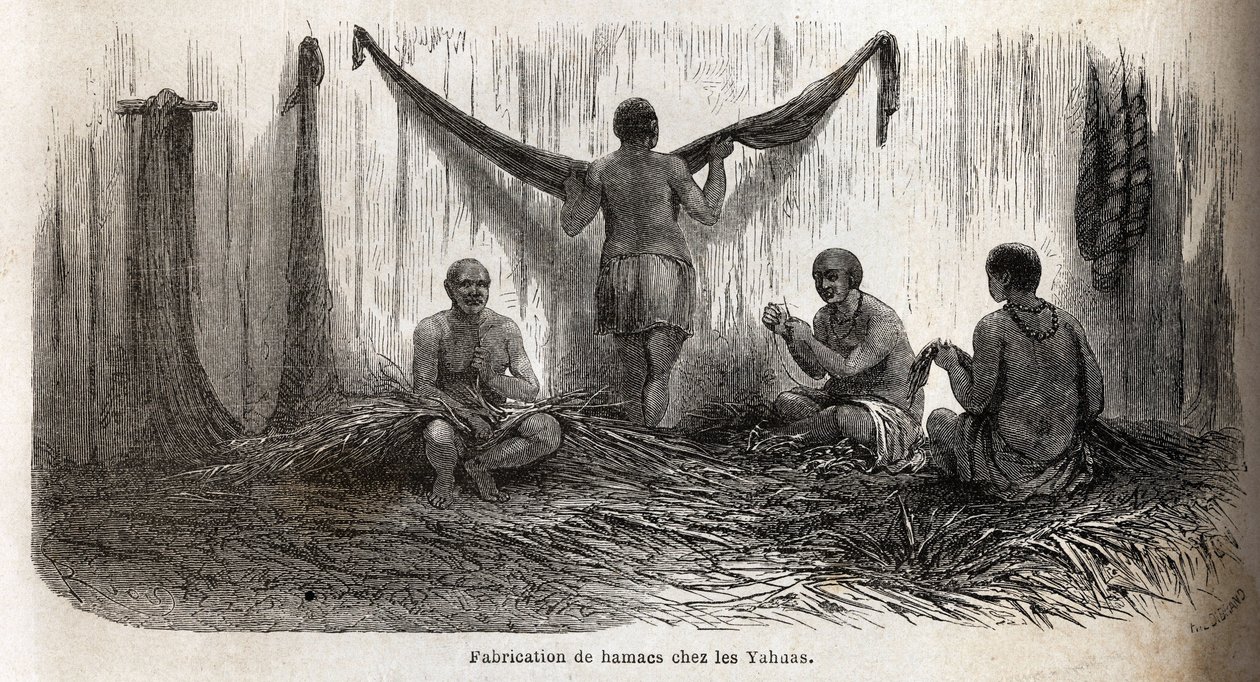 The making of hammocks fillets among the Yahua Indians of Peru, from thin threads of palm chambira tressees. Engraving to illustrate the voyage from the Pacific Ocean to the Atlantic Ocean, through South America, in 1848-1860 by Paul Marcoy, in 