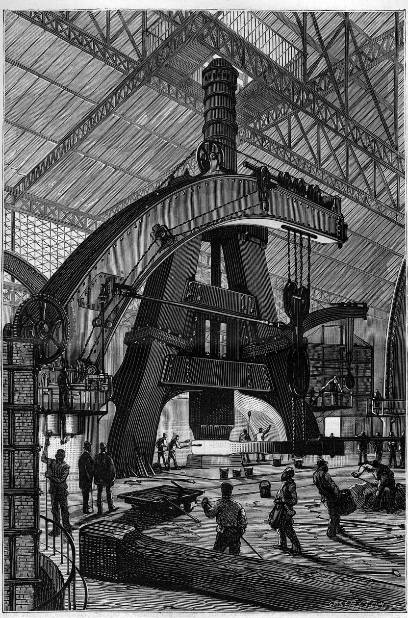 The metal industry: the Forge. The Creusot steam hammer as installed in the Schneider and Compagnie factories. Engraving in 