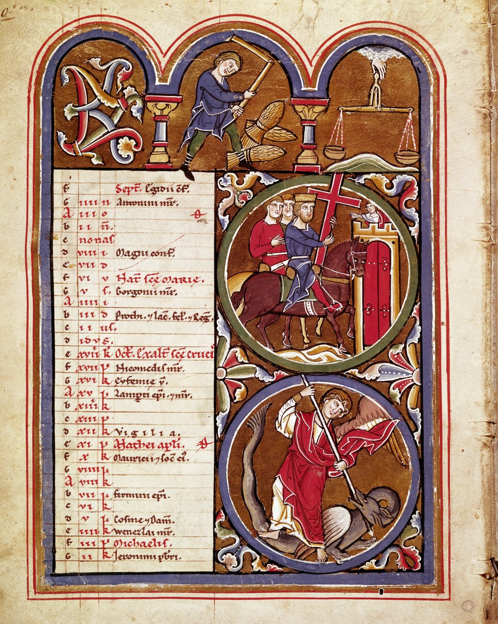 The month of September, agricultural work (harvests, threshing of the wheat with a flower), the feast of the exaltation of the cross, St. George defeating the dragon. Manuscript page from 