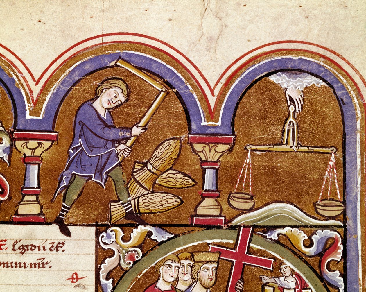 The month of September, agricultural work, harvest, wheat threshing with a flower. Detail of a manuscript page from 