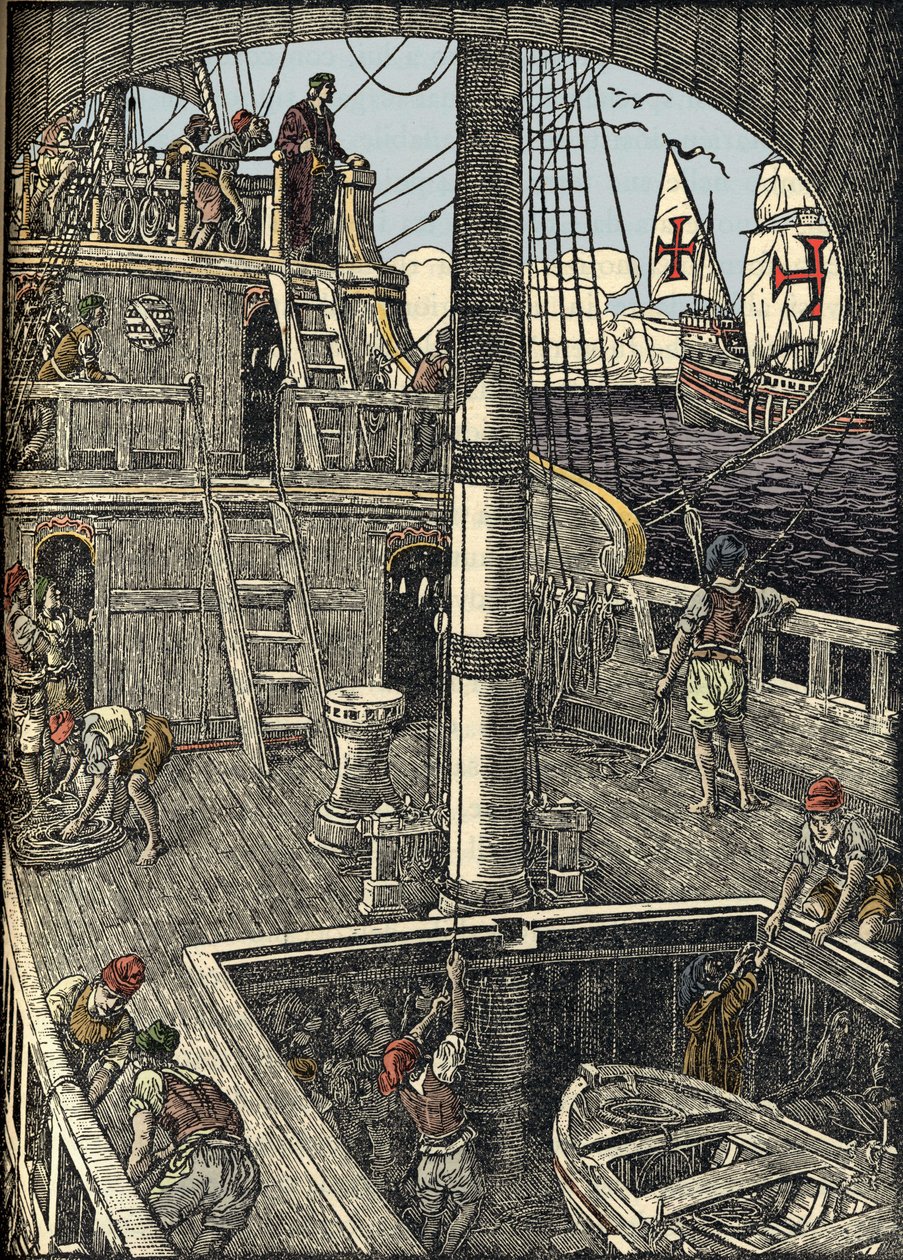 The navigator Christopher Columbus (1451-1506) aboard his caravel. by Unknown artist