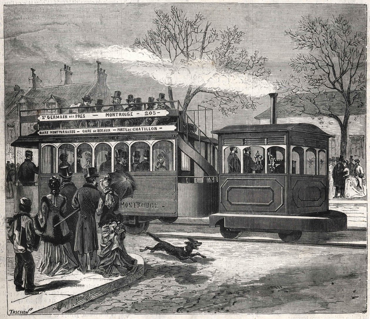 The New Steam Trams in Paris in 1876 Running on the Line of Saint-Germain-des-Prés at the Door of Chatillon, Engraving Bianchetti Collection by Unknown artist