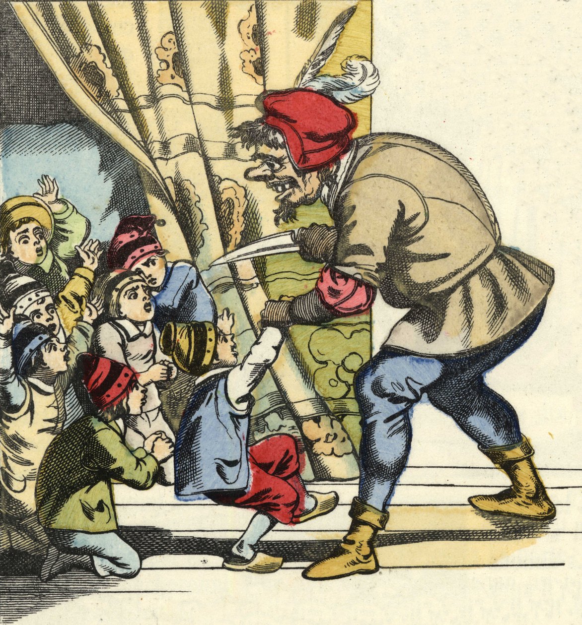 The ogre takes a child with the intention of devouring her. Illustration of the tale 