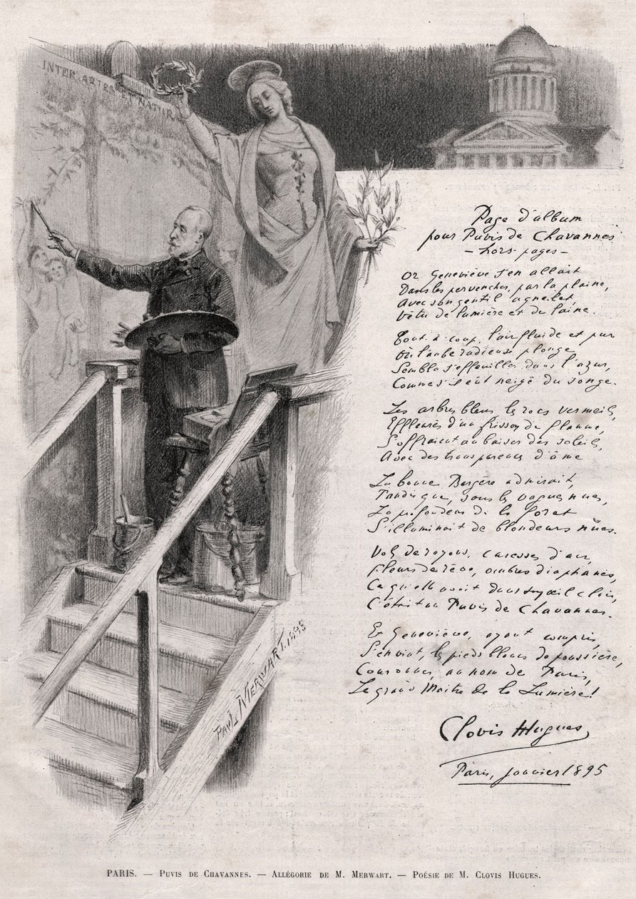 The painter Puvis de Chavannes (1824-1898) occupies painting - allegory by M. Merwart with a poesy by Clovis Hugues by Unknown artist