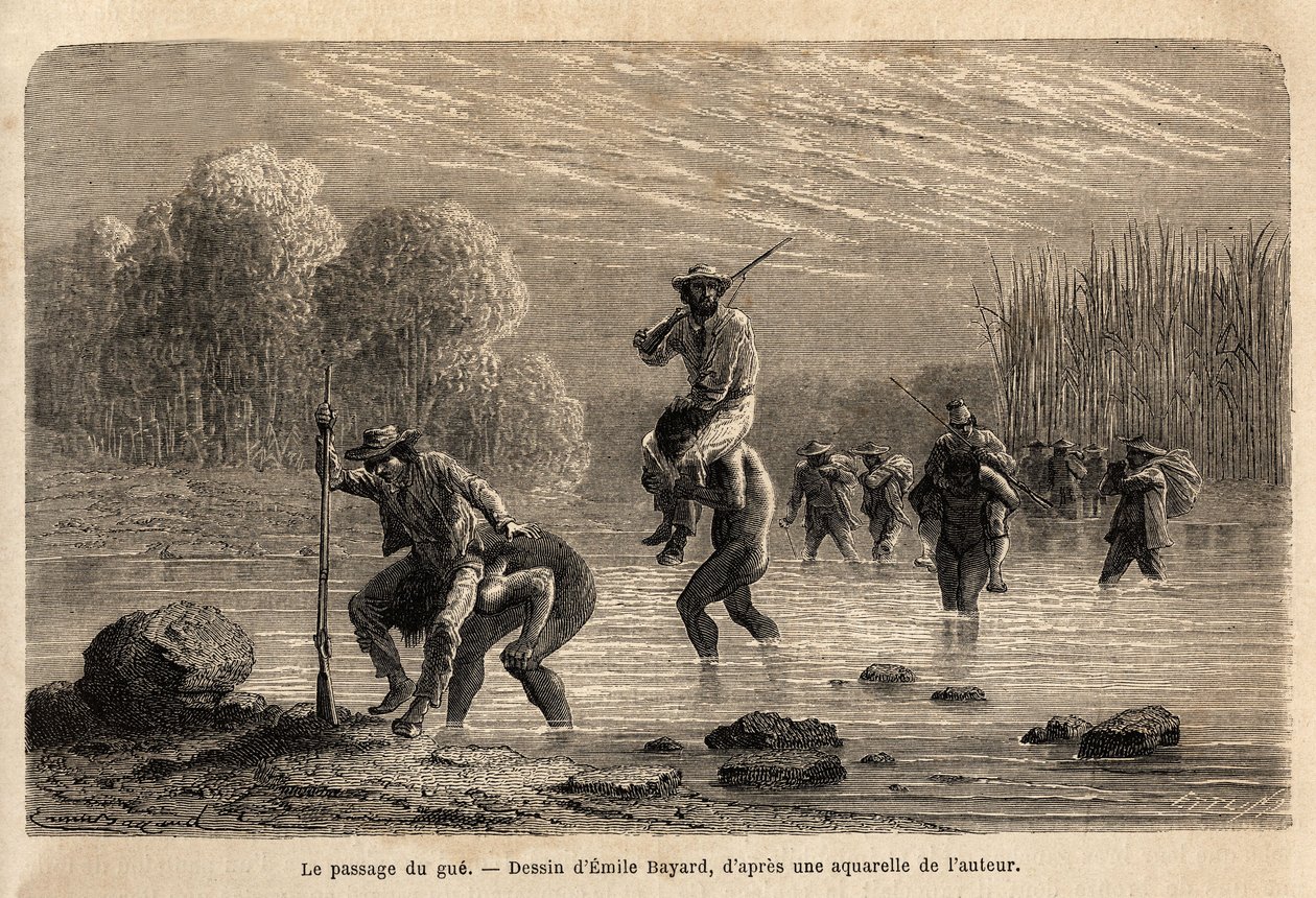 The passage of the gue, the Siriniris Indians, spontaneously propose to carry on their shoulders the members of the expedition, in order to make them cross the ponds formed at the foot of Mount Basiri (Peru). Engraving to illustrate the voyage in the valle by Unknown artist