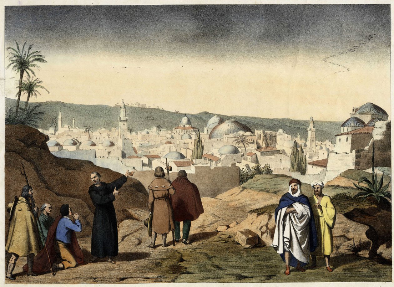 The pilgrims arrive at the city of Jerusalem. Anonymous engraving from the mid-19th century - in 