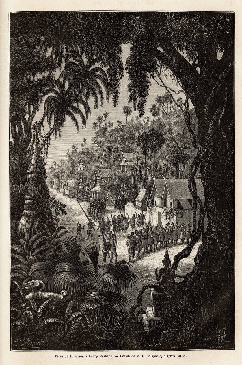The season celebrations in Luang Prabang, royal capital of Lan Xang (kingdom of the million elephants) (present-day Laos), consisting of a procession of the inhabitants and a pagoda of worship throughout the city. Engraving to illustrate a voyage of explor by Unknown artist